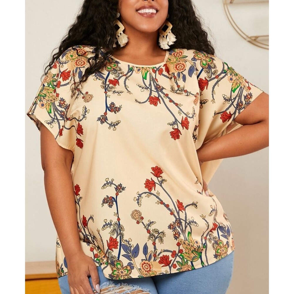Boho Floral Blouse 4XL Plus Size Flowy Short Sleeve Lightweight Top NWT